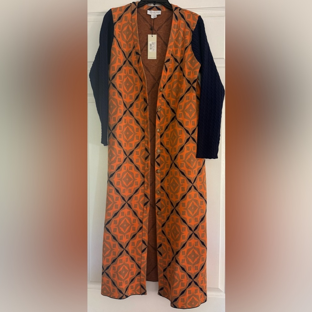 Never Fully Dressed Orange and Navy Long Cardigan